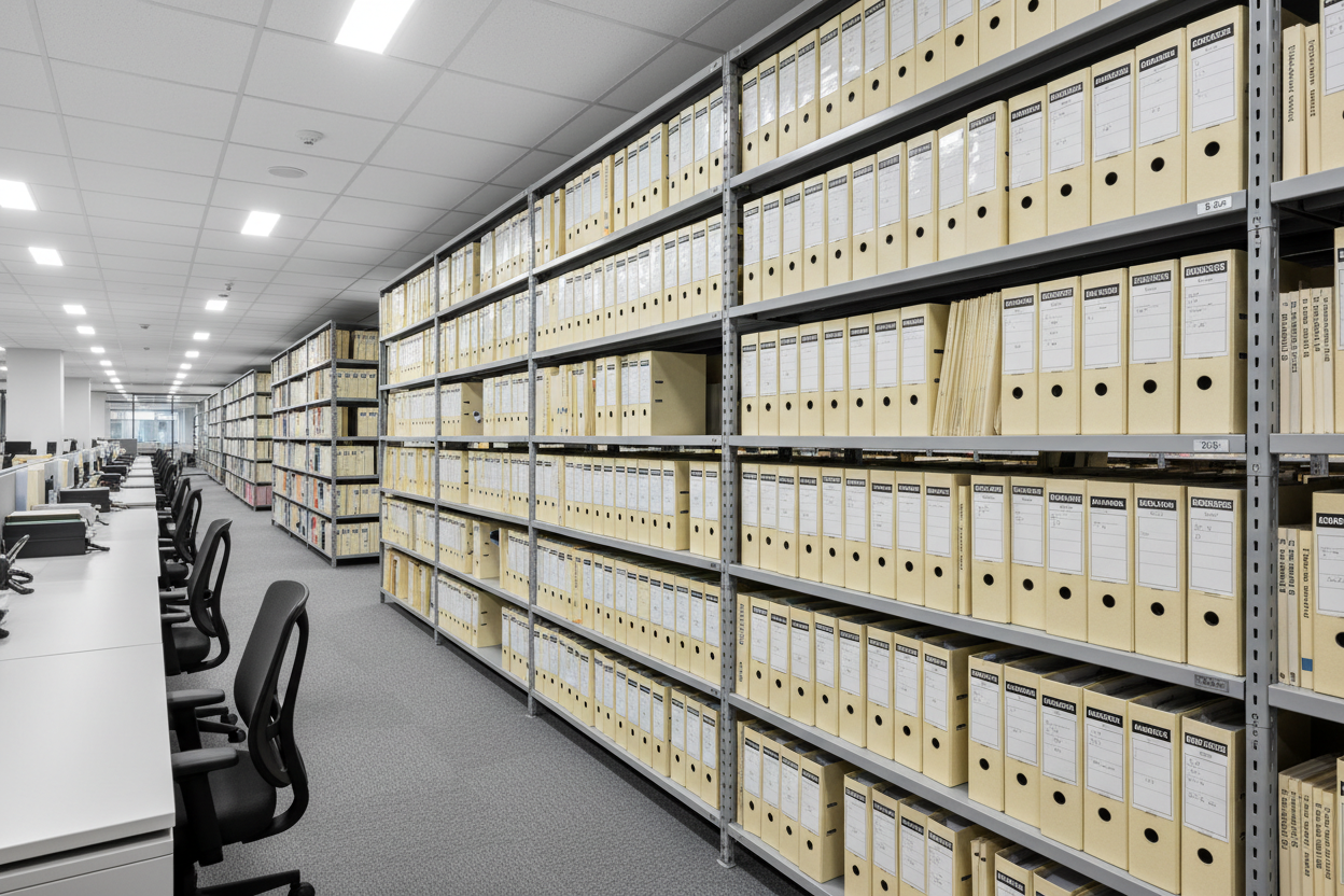 lots of accounting files on shelves in rows upon rows in an office