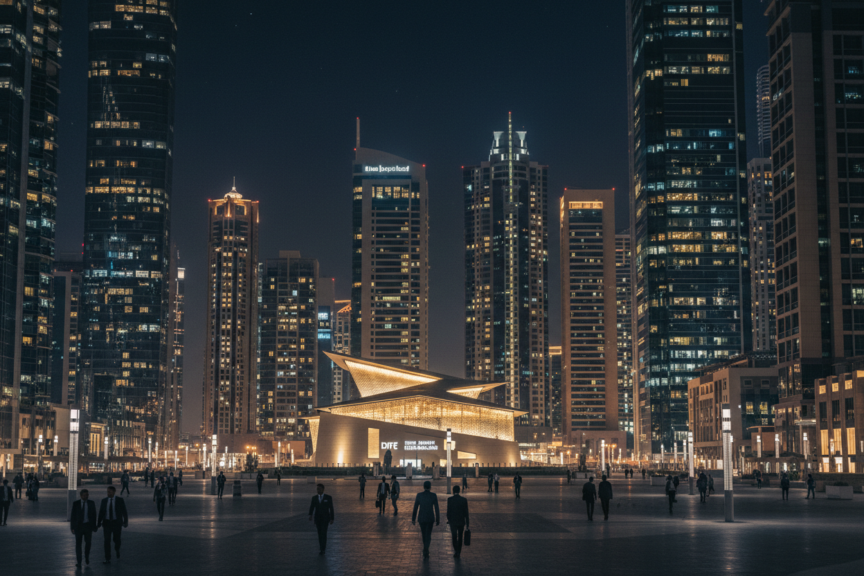 Night time views of DIFC from a far with a view of DIFC rooftop mosque and people from a distance in suits and holding briefcases walking in different directions. The people need to be far in the distance. Make it look very realistic, not ai.