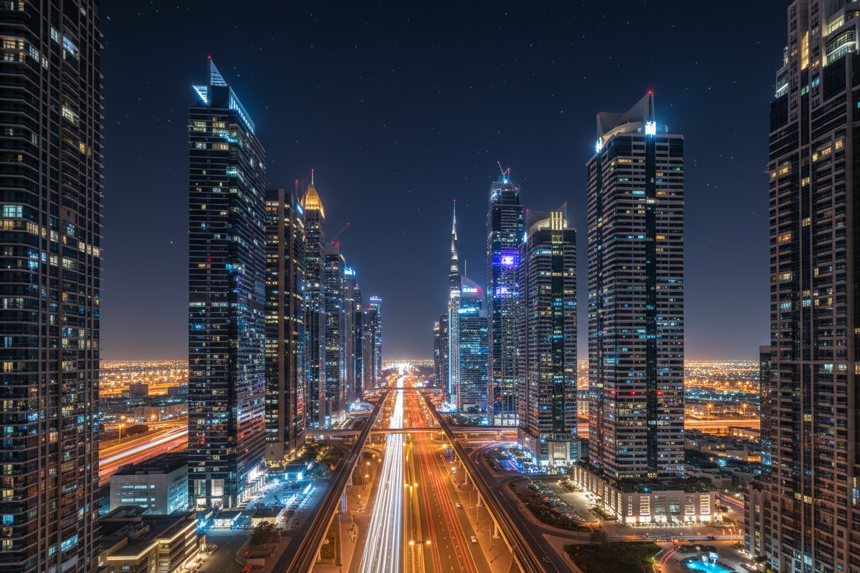 Sheikh zayed road dubai sky scrapers in the night sky with only small starts in the sky