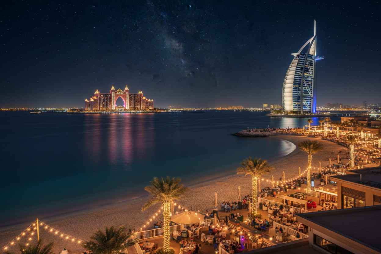 show a night time parade of restaurants on a dubai beach and have burj al arab in the background and the palm atlantis in the background how they look at night well lit and in the distance.